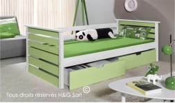 Lit enfant en bois vert et blanc avec tiroirs