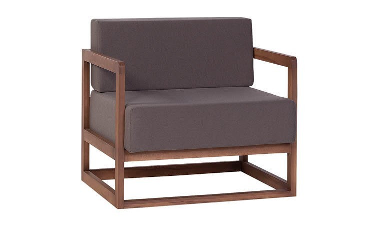 Fauteuil design et géométrique en bois massif de hêtre et tissu marron