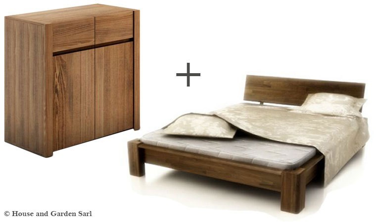 Lit en noyer clair avec commode Lit en noyer clair avec commode