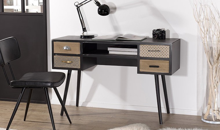 Bureau industriel noir et ciré avec 4 tiroirs L166 X P55 X H75 - RETIF