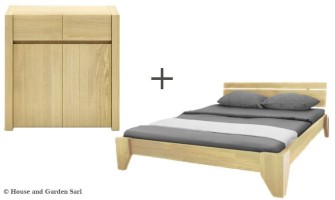 Pack literie lit et commode en bois hêtre