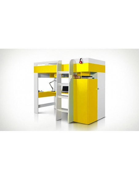 Lit en mezzanine jaune avec bureau et armoire