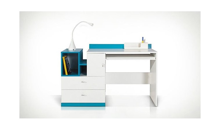 Bureau design ado et enfant en bois blanc et bleu - Jolly