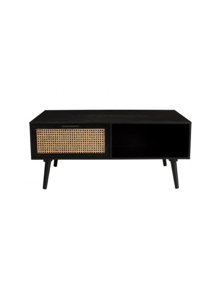 table basse noire et rotin