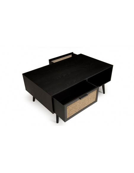 table basse noire et rotin