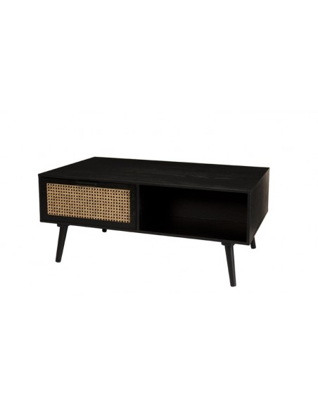 table basse noire et rotin