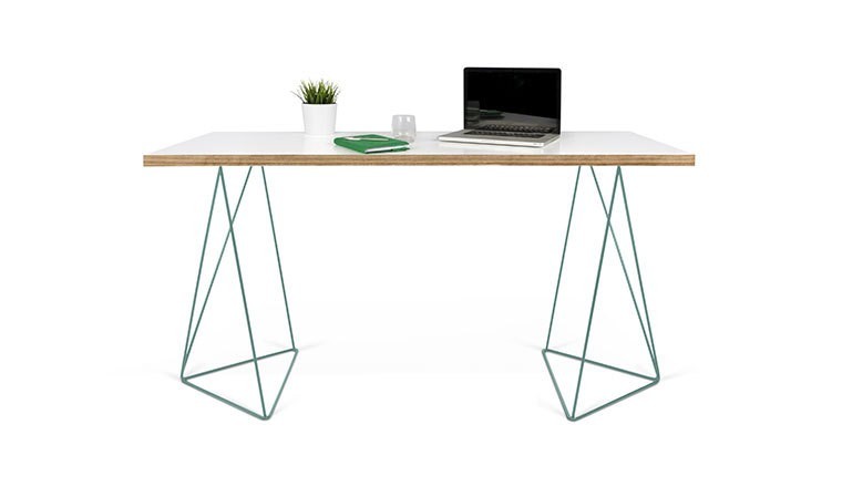 Bureau design plateau blanc mat en bois et pieds en acier vert