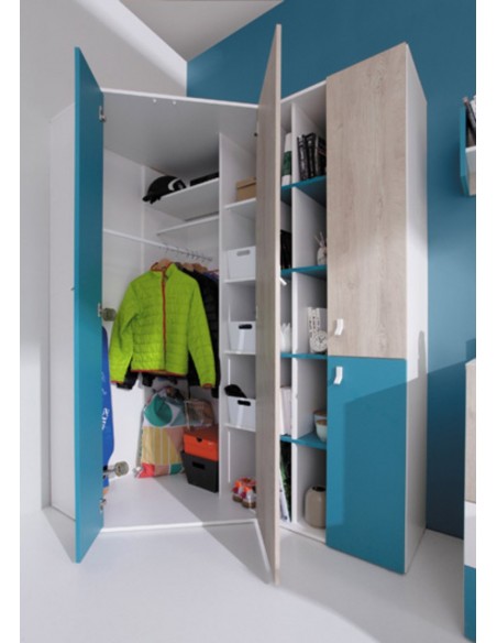 Armoire dressing d'angle blanc et bleu chambre enfant - Neptune