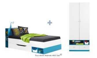 LIT ENFANT + ARMOIRE 2 PORTES JOLLY BLEU SANS MATELAS 90x200