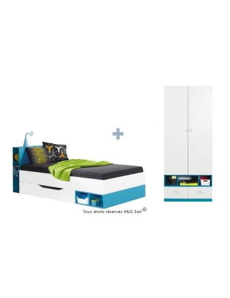 LIT ENFANT + ARMOIRE 2 PORTES JOLLY BLEU SANS MATELAS 90x200