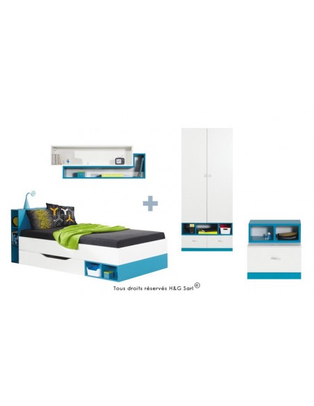 LIT ENFANT + ARMOIRE 2 PORTES JOLLY BLEU SANS MATELAS 90x200