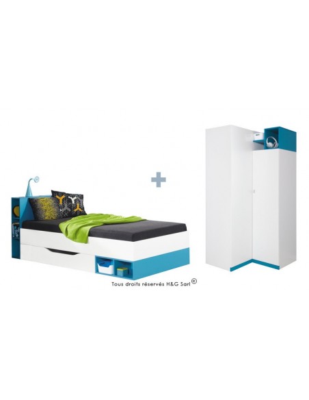 LIT ENFANT + ARMOIRE ANGLE JOLLY BLEU SANS MATELAS 90x200