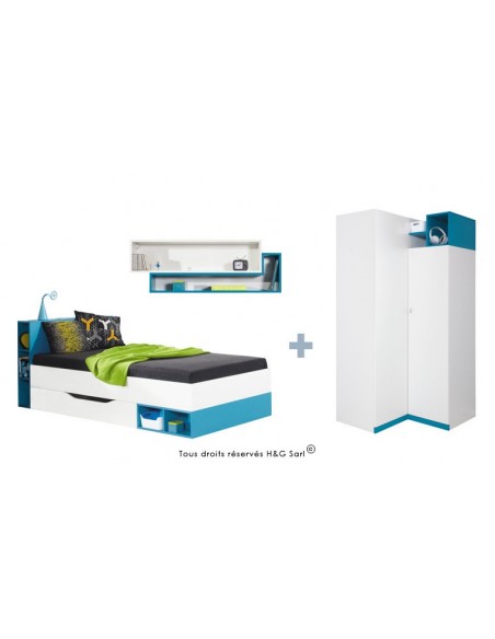 LIT ENFANT + ARMOIRE ANGLE JOLLY BLEU SANS MATELAS 90x200