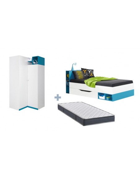 LIT ENFANT + ARMOIRE ANGLE JOLLY BLEU SANS MATELAS 90x200