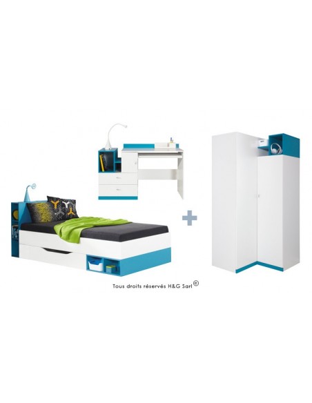 LIT ENFANT + ARMOIRE ANGLE JOLLY BLEU SANS MATELAS 90x200