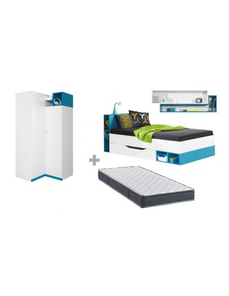 LIT ENFANT + ARMOIRE ANGLE JOLLY BLEU SANS MATELAS 90x200