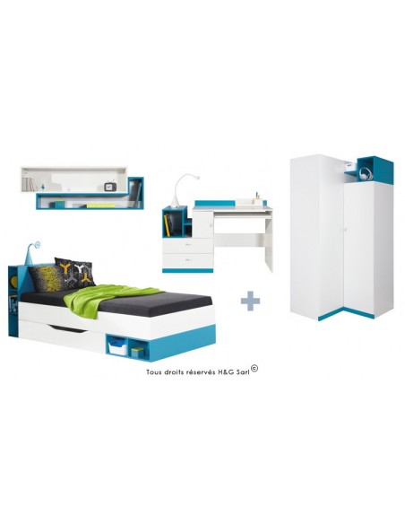 LIT ENFANT + ARMOIRE ANGLE JOLLY BLEU SANS MATELAS 90x200