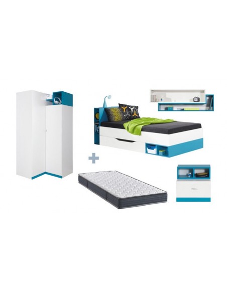 LIT ENFANT + ARMOIRE ANGLE JOLLY BLEU SANS MATELAS 90x200