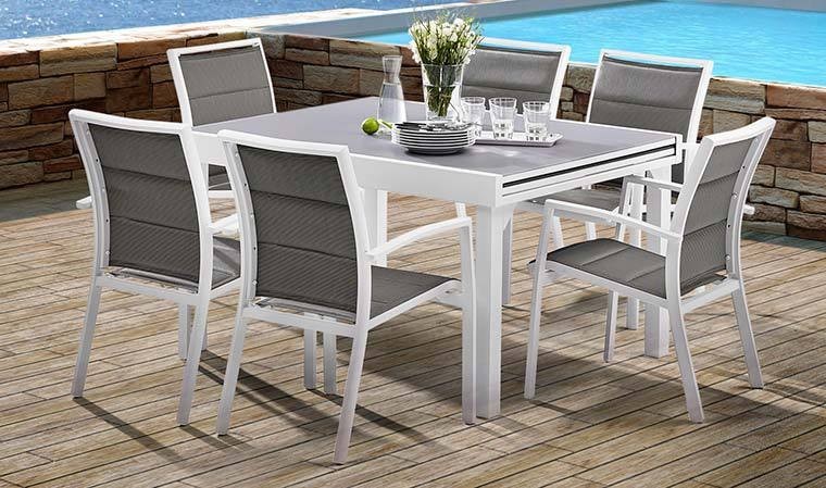 Table de jardin et 6 chaises aluminium plateau en plastique blanc