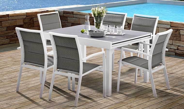 Table jardin extensible gris perle rallonges 6 a 10 places Modulo