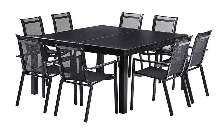 Table de jardin carrée extensible + 8 assises en textilène