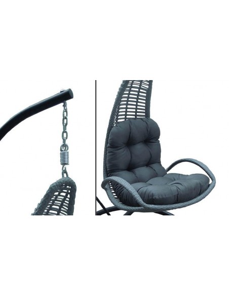 Fauteuil suspendu noir en osier et coussin rembourré