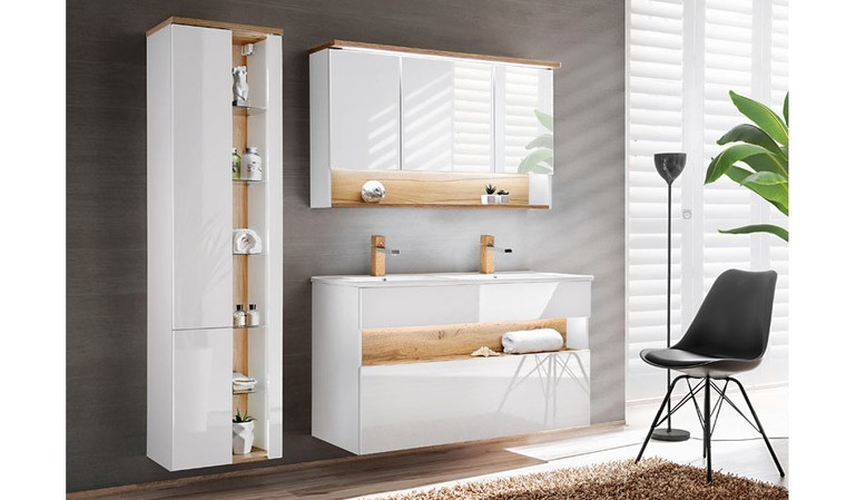 Meuble miroir suspendu salle de bain chêne et blanc 120 cm - Alboran