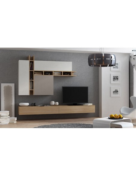 Mobilier suspendu de salon meuble télé design taupe, gris et chêne