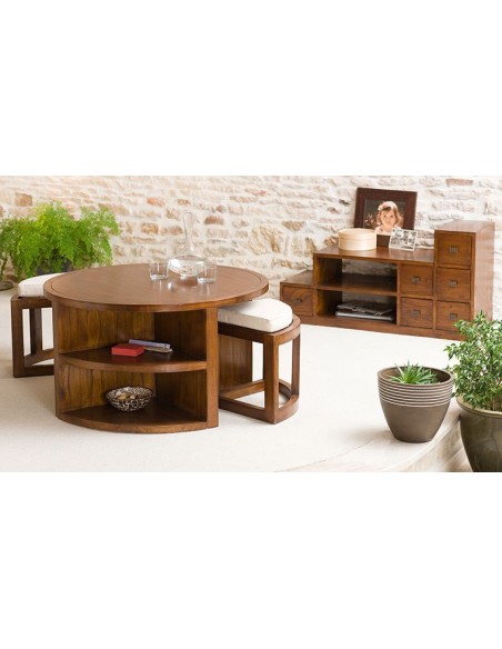 Table basse ronde avec tabourets