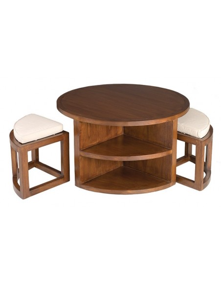 Table basse ronde avec tabourets