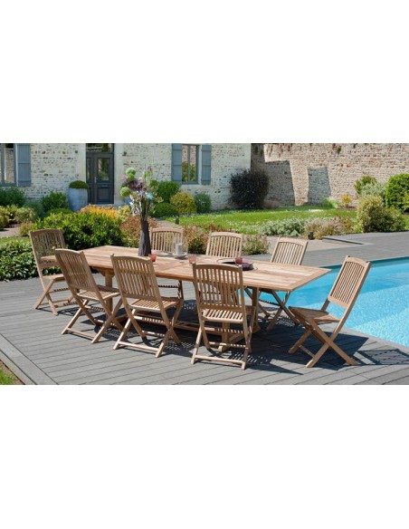 Grande table de jardin extensible en teck avec chaises pliantes