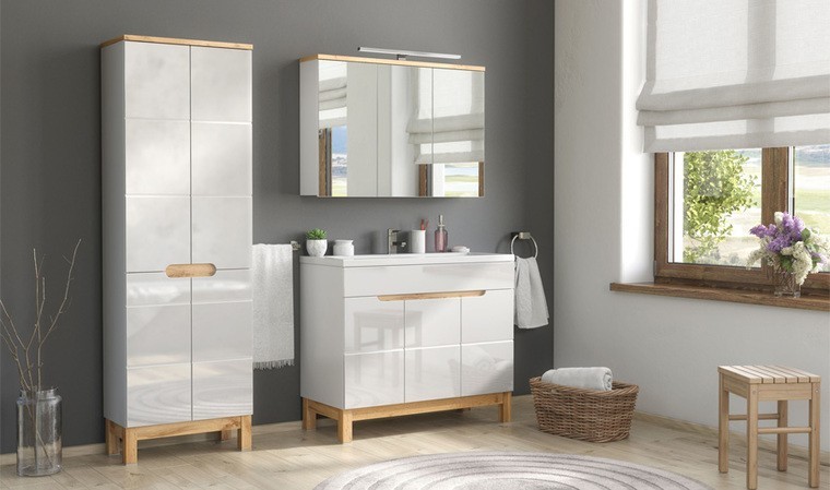 Ensemble meubles de salle de bain : meuble de vasque encastrable, miroir  LED, placard