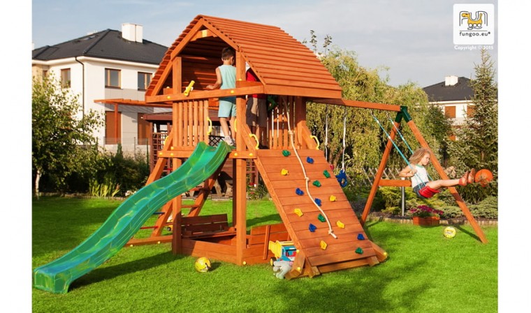 Aire de jeux en bois pour enfant : portique, cabane, balançoire