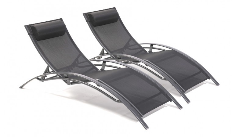 Lot 2 Chaises Longues Noires Aluminium Et Textilène Aruba Cl76