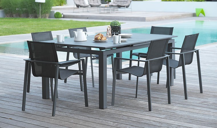 Salon de jardin extensible 6 fauteuils aluminium anthracite - Miami