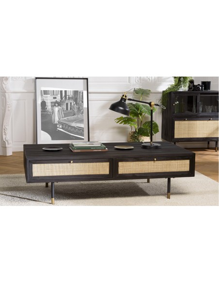 Table basse noire rotin