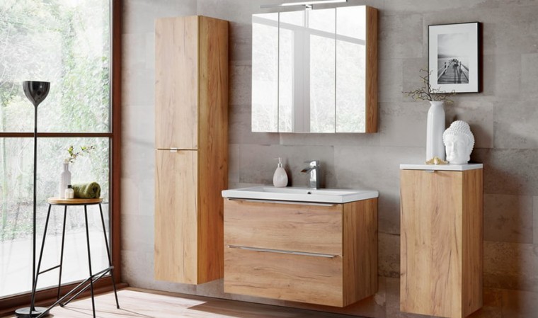 Meuble de salle de bain double vasque design couleur chêne - Caraibes
