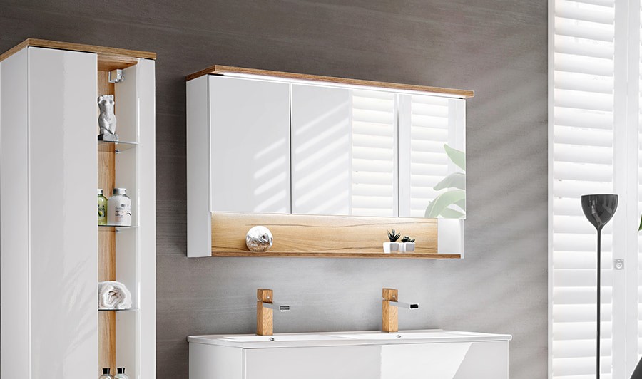 Meuble miroir suspendu salle de bain chêne et blanc 120 cm - Alboran