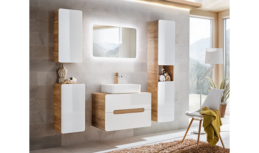 Ensemble salle de bain, meuble suspendu+colonne+miroir+vasque