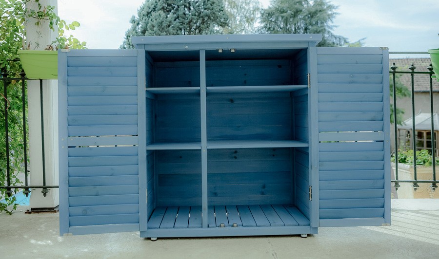 Armoire basse de jardin bois lasuré bleu Bluebox