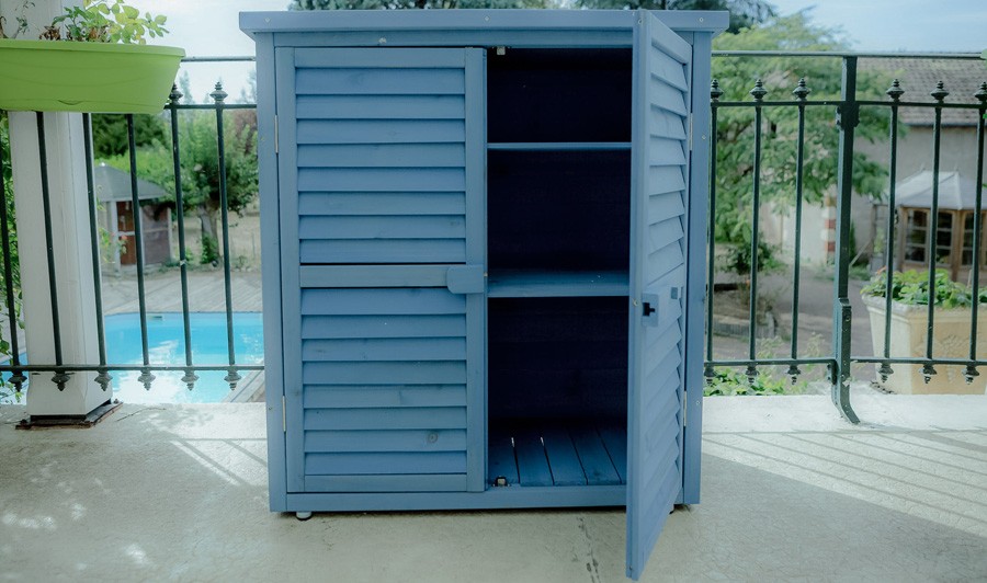 Armoire basse de jardin bois lasuré bleu Bluebox