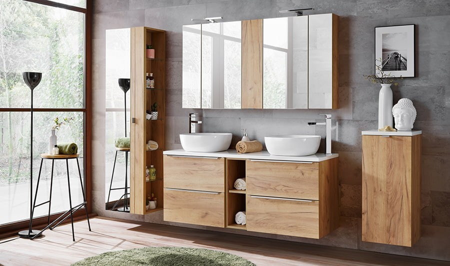 Meuble salle de bain bois naturel avec panier à linge intégré gris - Ciel &  terre