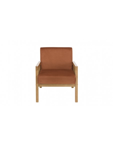 Fauteuil velours orange accoudoirs bois