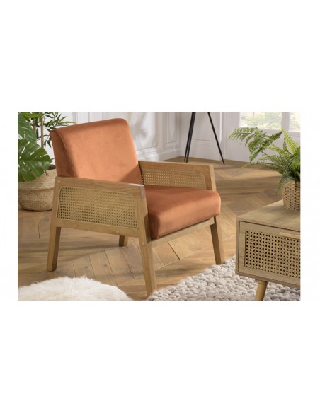 Fauteuil velours orange bois Emilia