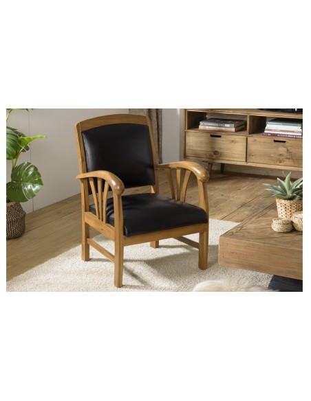 Fauteuil teck cuir noir Goa