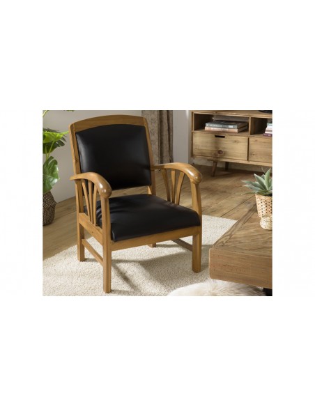 Fauteuil teck cuir noir Goa