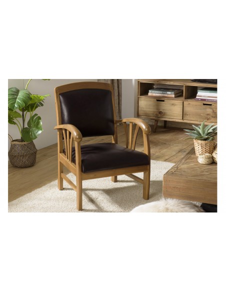 Fauteuil teck cuir marron Goa