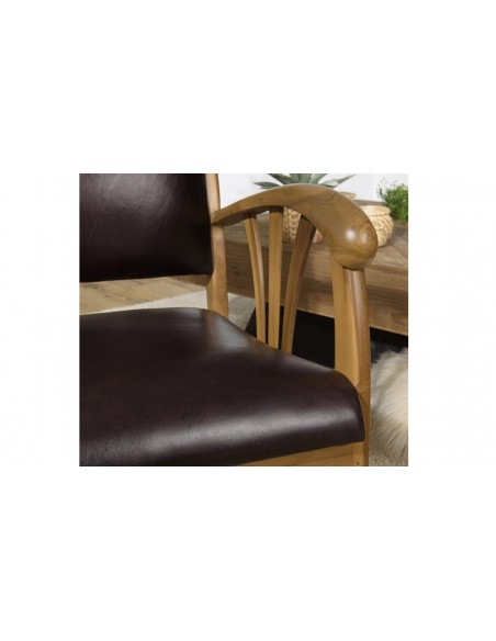 Fauteuil teck cuir marron Goa