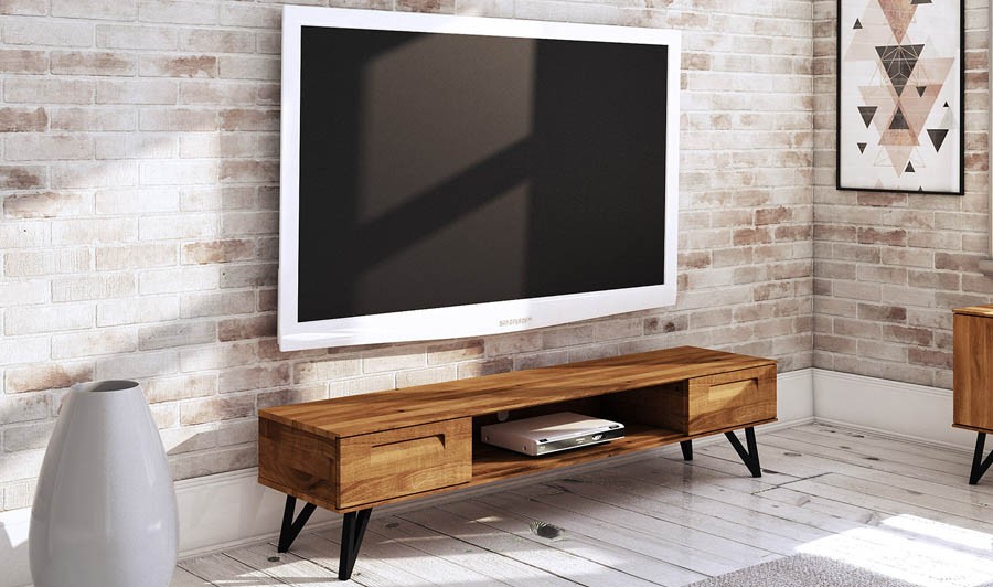 Meuble TV bas moderne de rangement en bois et métal