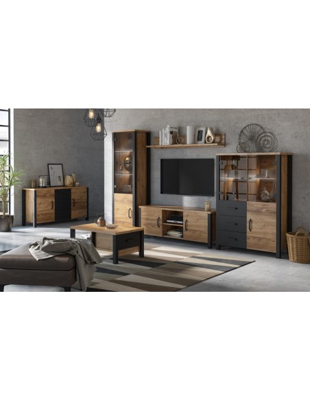 Salon complet noir mat et bois style industriel